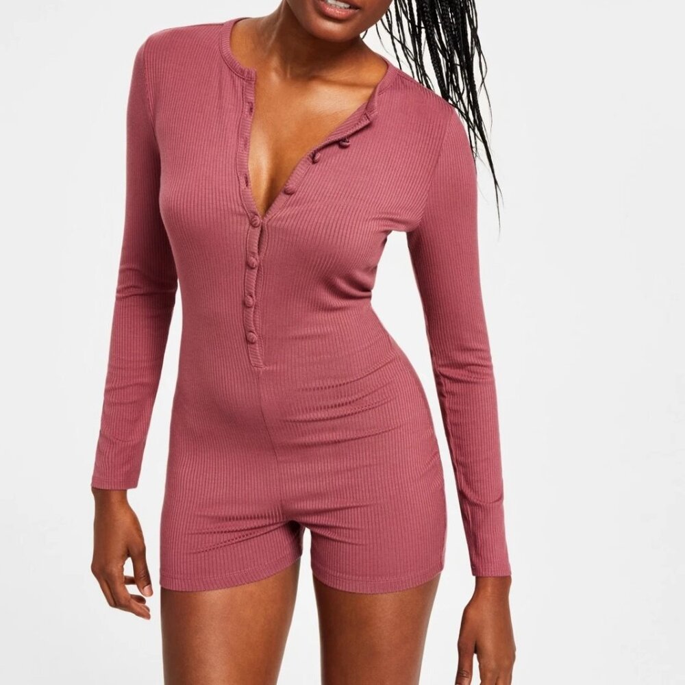 Jenni Women's Style Not Size Solid One-Piece Romper Loungewear, Plum, Medium